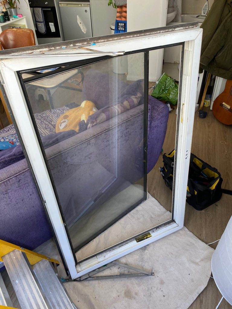 uPVC glass pane and frame removed